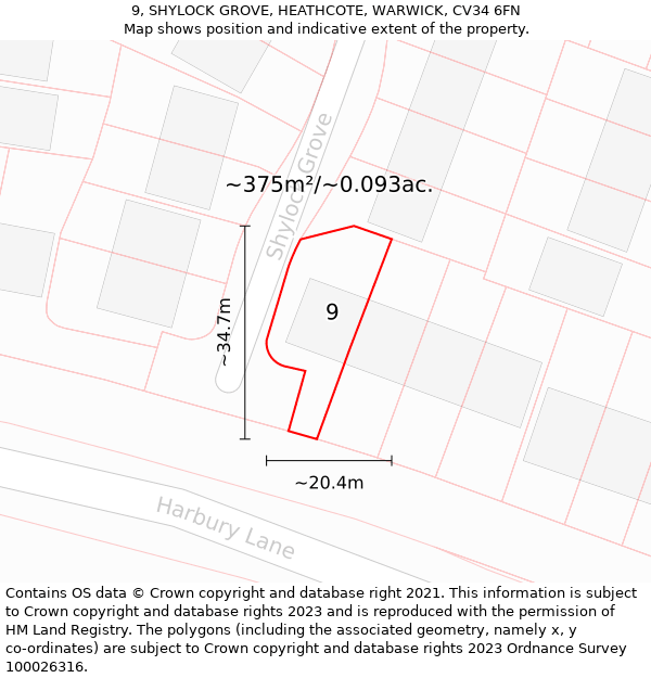 9, SHYLOCK GROVE, HEATHCOTE, WARWICK, CV34 6FN: Plot and title map