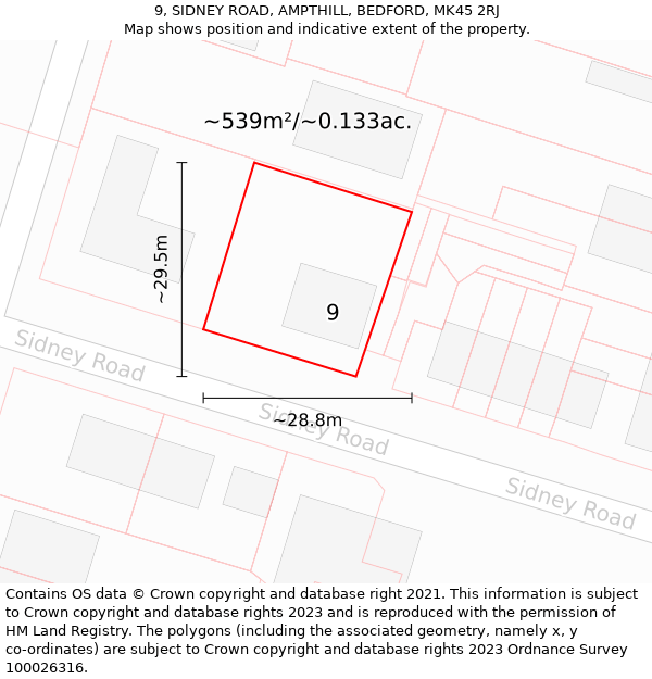 9, SIDNEY ROAD, AMPTHILL, BEDFORD, MK45 2RJ: Plot and title map