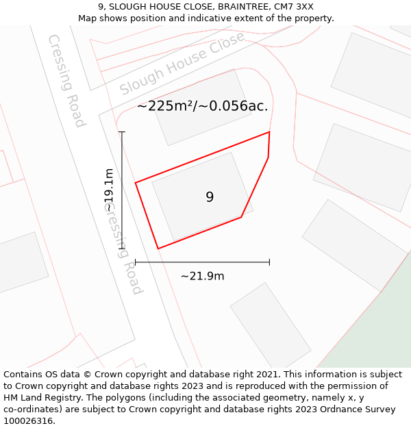 9, SLOUGH HOUSE CLOSE, BRAINTREE, CM7 3XX: Plot and title map