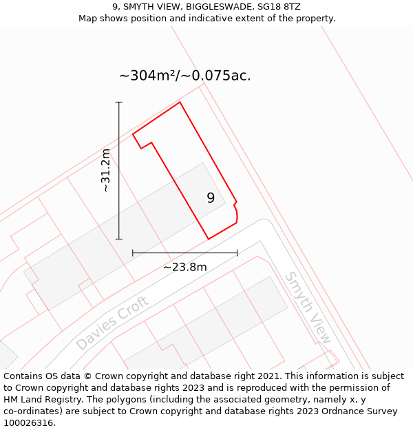 9, SMYTH VIEW, BIGGLESWADE, SG18 8TZ: Plot and title map