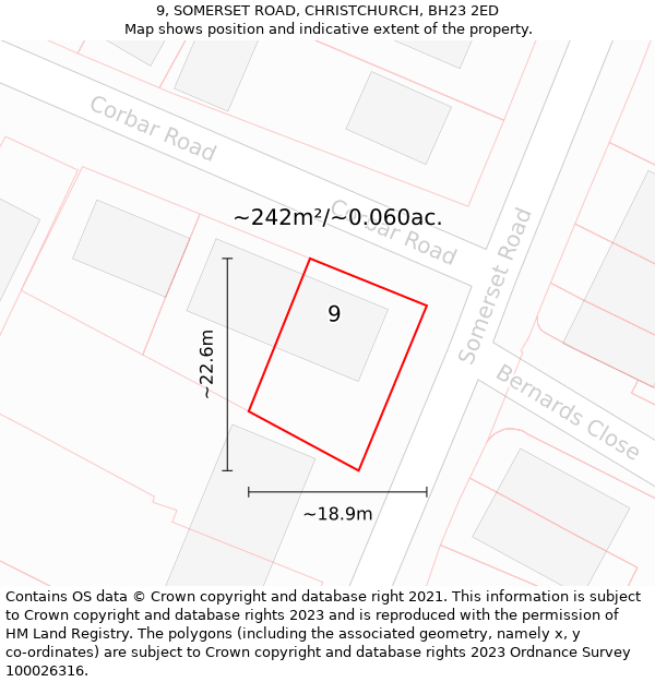 9, SOMERSET ROAD, CHRISTCHURCH, BH23 2ED: Plot and title map