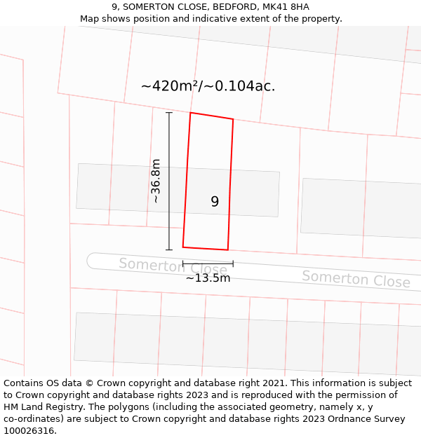 9, SOMERTON CLOSE, BEDFORD, MK41 8HA: Plot and title map