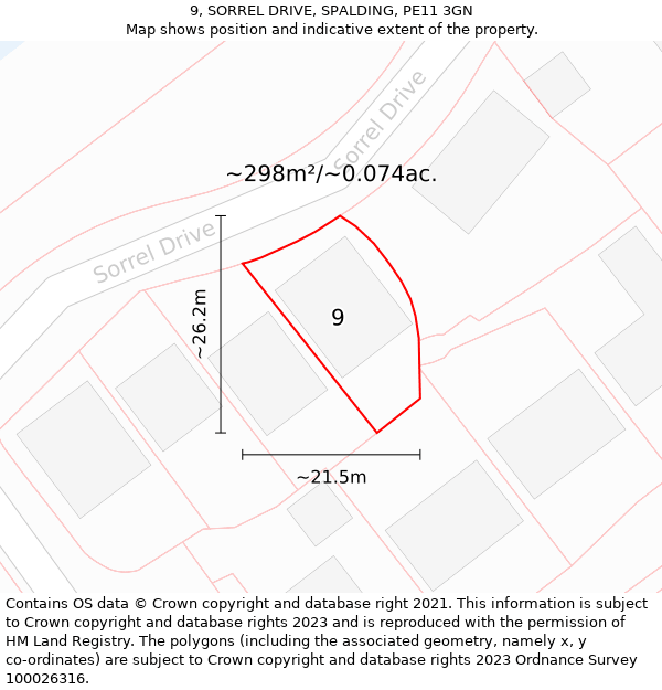 9, SORREL DRIVE, SPALDING, PE11 3GN: Plot and title map