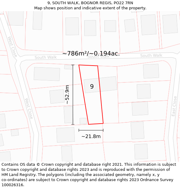 9, SOUTH WALK, BOGNOR REGIS, PO22 7RN: Plot and title map