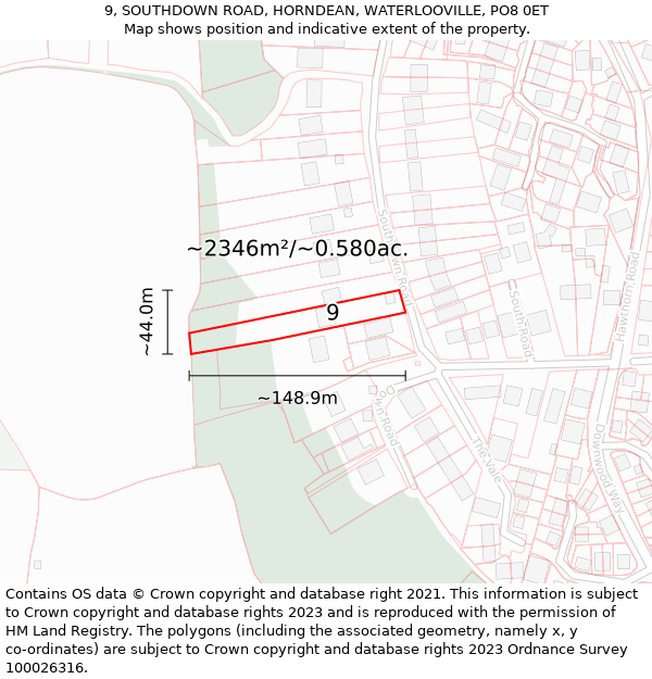 9, SOUTHDOWN ROAD, HORNDEAN, WATERLOOVILLE, PO8 0ET: Plot and title map