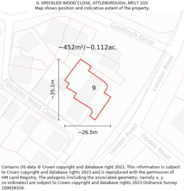 9, SPECKLED WOOD CLOSE, ATTLEBOROUGH, NR17 1GS: Plot and title map