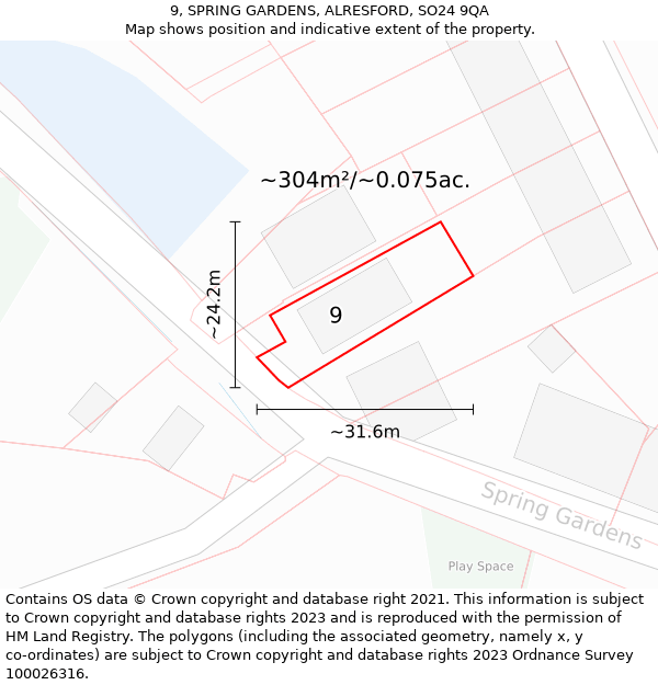 9, SPRING GARDENS, ALRESFORD, SO24 9QA: Plot and title map