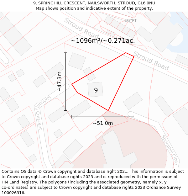 9, SPRINGHILL CRESCENT, NAILSWORTH, STROUD, GL6 0NU: Plot and title map