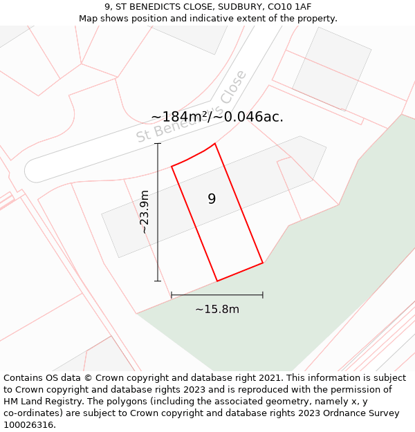 9, ST BENEDICTS CLOSE, SUDBURY, CO10 1AF: Plot and title map