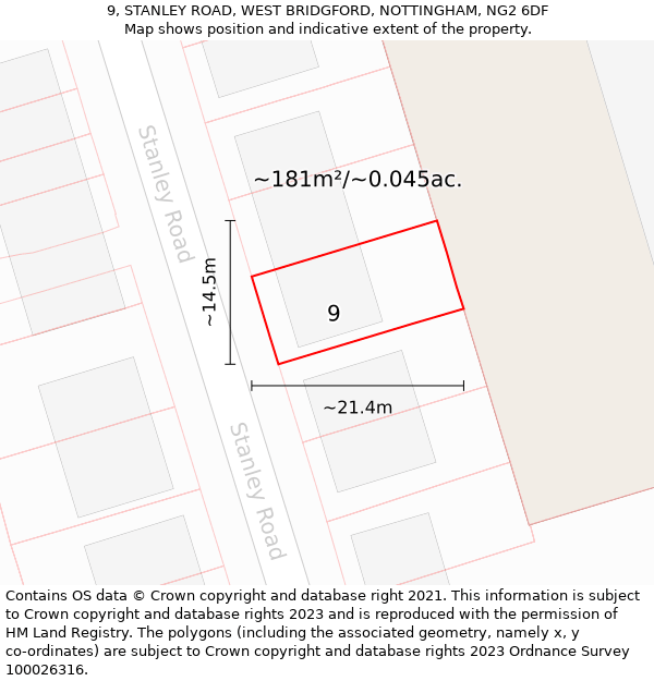 9, STANLEY ROAD, WEST BRIDGFORD, NOTTINGHAM, NG2 6DF: Plot and title map