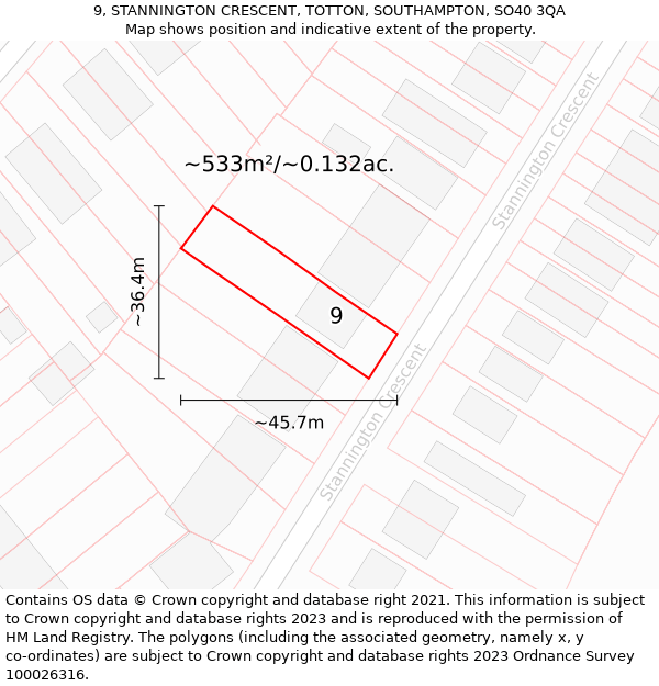 9, STANNINGTON CRESCENT, TOTTON, SOUTHAMPTON, SO40 3QA: Plot and title map