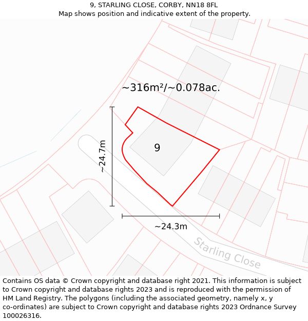 9, STARLING CLOSE, CORBY, NN18 8FL: Plot and title map