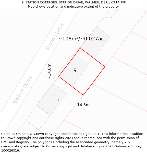 9, STATION COTTAGES, STATION DRIVE, WALMER, DEAL, CT14 7FF: Plot and title map