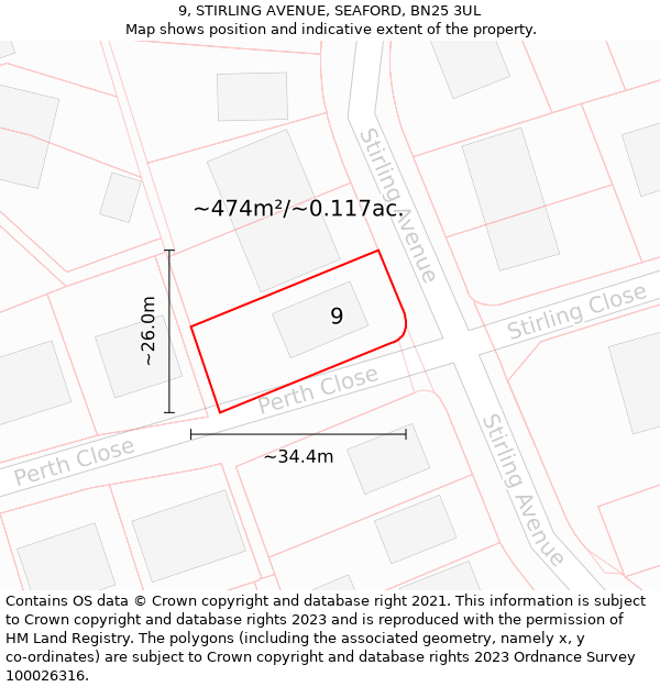 9, STIRLING AVENUE, SEAFORD, BN25 3UL: Plot and title map