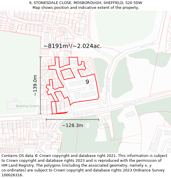 9, STONESDALE CLOSE, MOSBOROUGH, SHEFFIELD, S20 5DW: Plot and title map