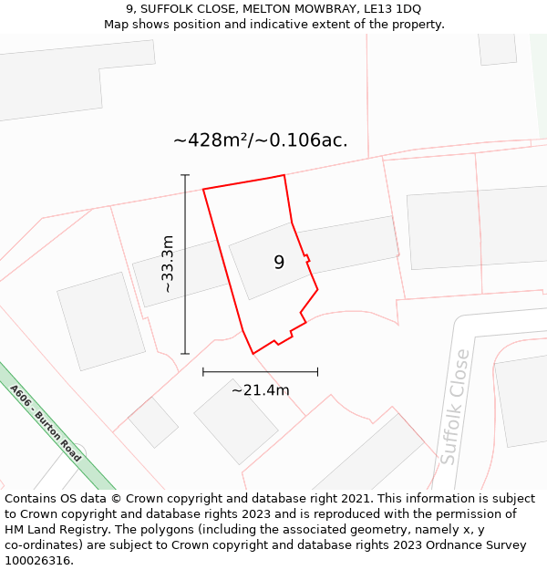 9, SUFFOLK CLOSE, MELTON MOWBRAY, LE13 1DQ: Plot and title map