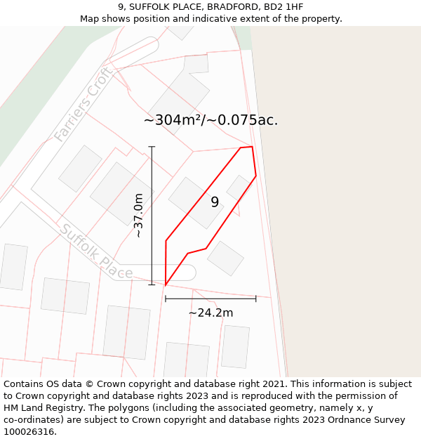 9, SUFFOLK PLACE, BRADFORD, BD2 1HF: Plot and title map