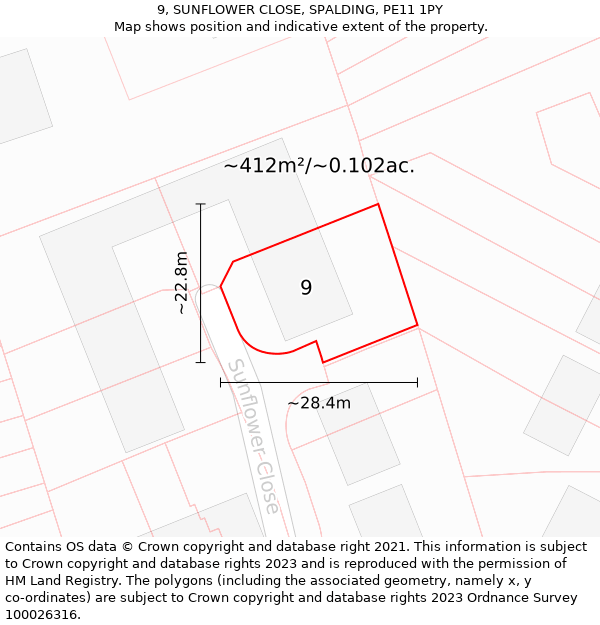 9, SUNFLOWER CLOSE, SPALDING, PE11 1PY: Plot and title map