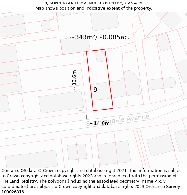 9, SUNNINGDALE AVENUE, COVENTRY, CV6 4DA: Plot and title map