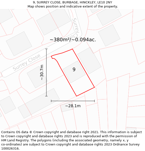 9, SURREY CLOSE, BURBAGE, HINCKLEY, LE10 2NY: Plot and title map