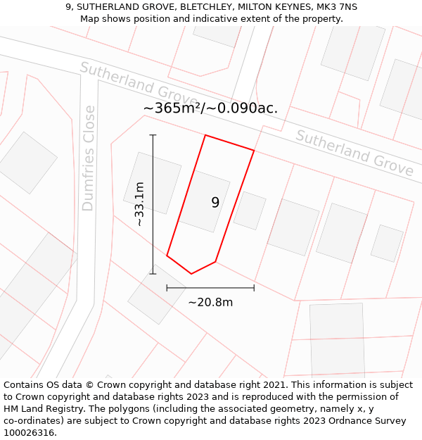 9, SUTHERLAND GROVE, BLETCHLEY, MILTON KEYNES, MK3 7NS: Plot and title map