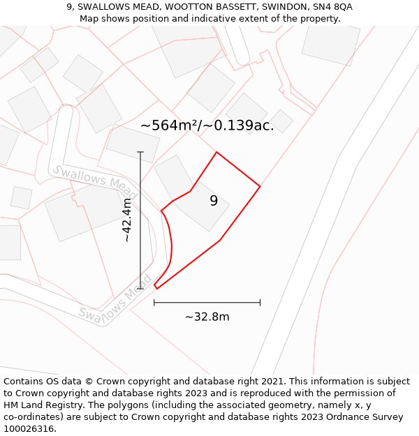 9, SWALLOWS MEAD, WOOTTON BASSETT, SWINDON, SN4 8QA: Plot and title map