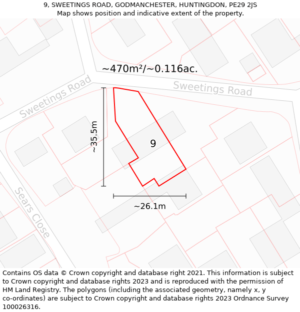 9, SWEETINGS ROAD, GODMANCHESTER, HUNTINGDON, PE29 2JS: Plot and title map