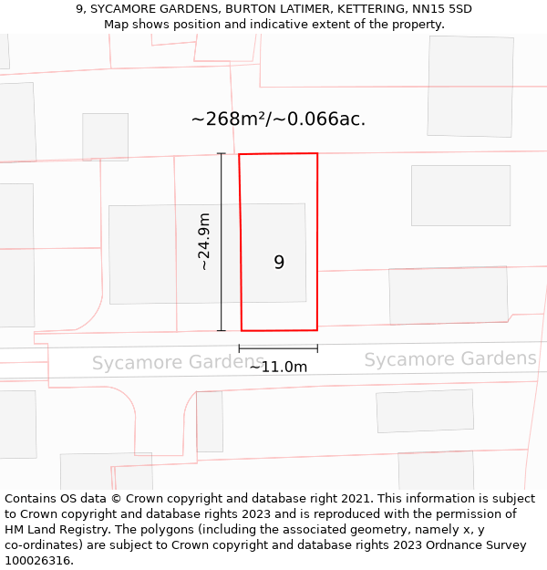 9, SYCAMORE GARDENS, BURTON LATIMER, KETTERING, NN15 5SD: Plot and title map