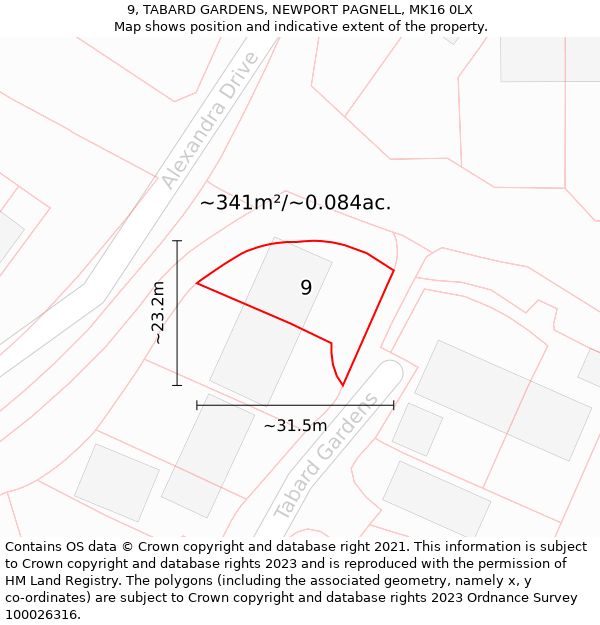 9, TABARD GARDENS, NEWPORT PAGNELL, MK16 0LX: Plot and title map