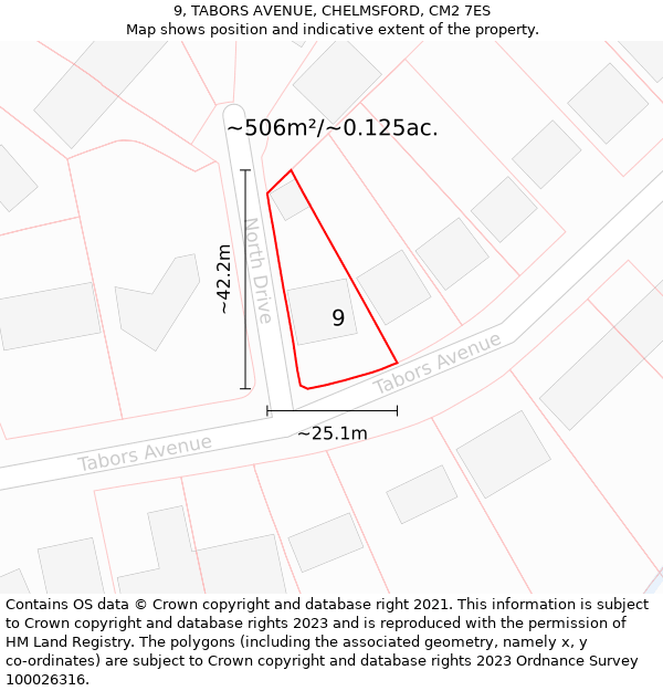 9, TABORS AVENUE, CHELMSFORD, CM2 7ES: Plot and title map