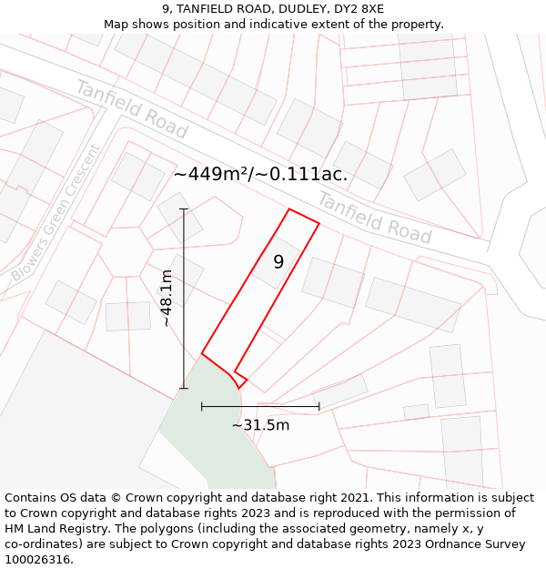 9, TANFIELD ROAD, DUDLEY, DY2 8XE: Plot and title map