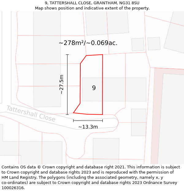 9, TATTERSHALL CLOSE, GRANTHAM, NG31 8SU: Plot and title map