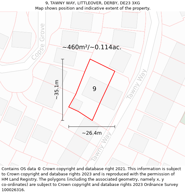 9, TAWNY WAY, LITTLEOVER, DERBY, DE23 3XG: Plot and title map