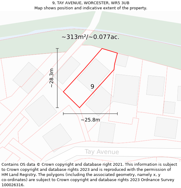 9, TAY AVENUE, WORCESTER, WR5 3UB: Plot and title map