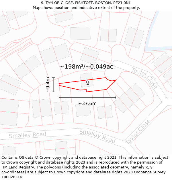 9, TAYLOR CLOSE, FISHTOFT, BOSTON, PE21 0NL: Plot and title map