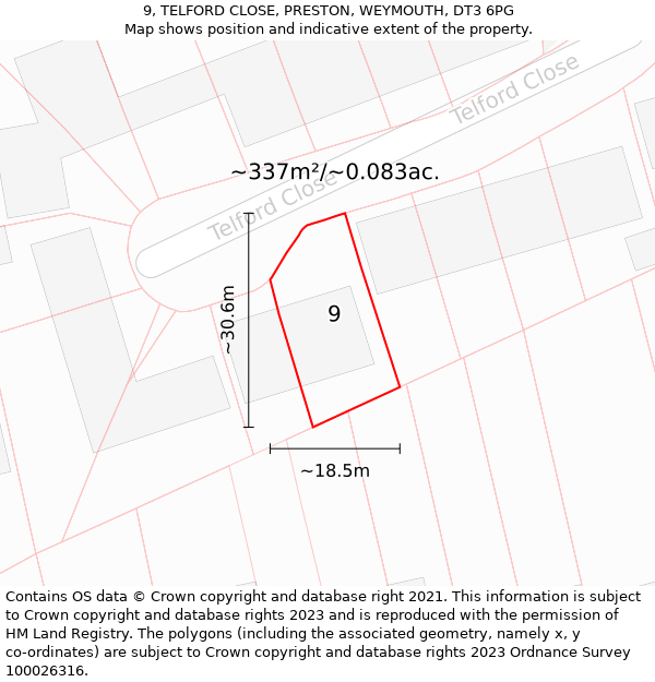 9, TELFORD CLOSE, PRESTON, WEYMOUTH, DT3 6PG: Plot and title map