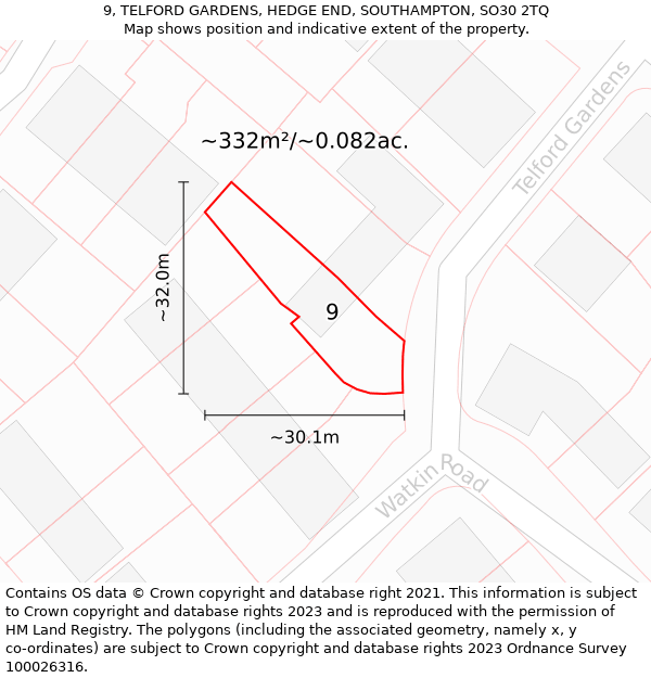 9, TELFORD GARDENS, HEDGE END, SOUTHAMPTON, SO30 2TQ: Plot and title map