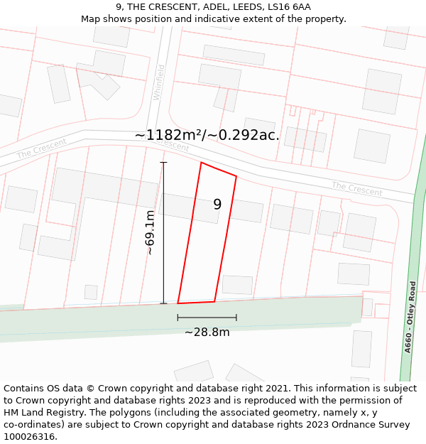 9, THE CRESCENT, ADEL, LEEDS, LS16 6AA: Plot and title map