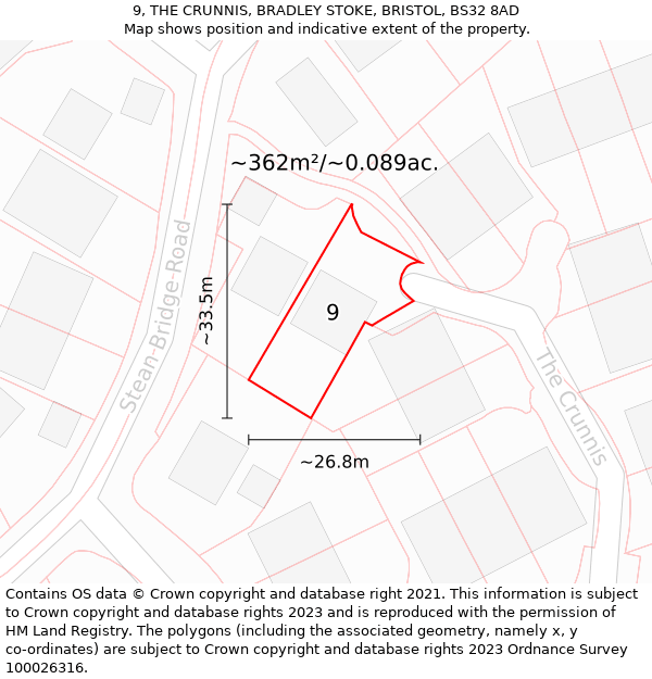 9, THE CRUNNIS, BRADLEY STOKE, BRISTOL, BS32 8AD: Plot and title map