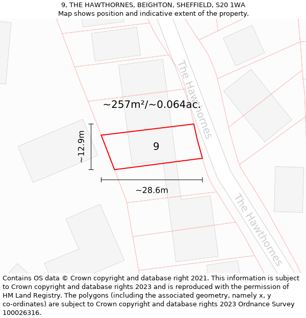 9, THE HAWTHORNES, BEIGHTON, SHEFFIELD, S20 1WA: Plot and title map