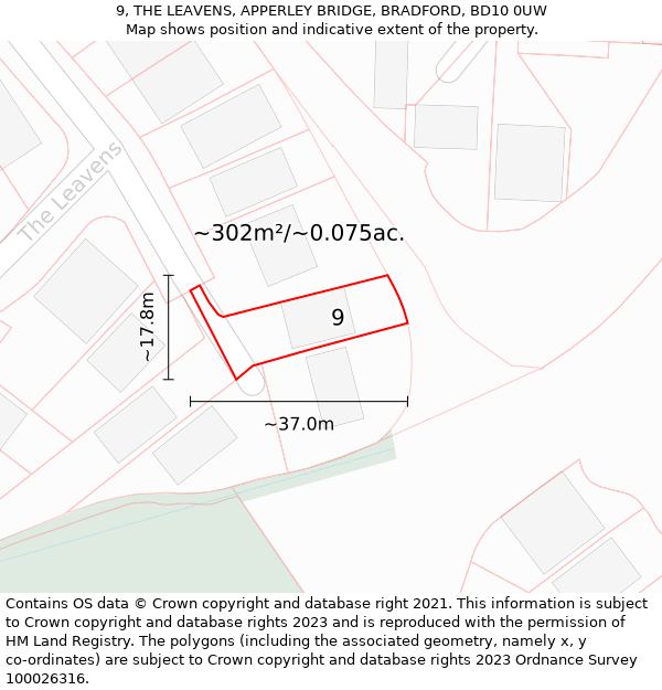 9, THE LEAVENS, APPERLEY BRIDGE, BRADFORD, BD10 0UW: Plot and title map