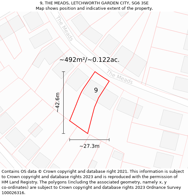 9, THE MEADS, LETCHWORTH GARDEN CITY, SG6 3SE: Plot and title map