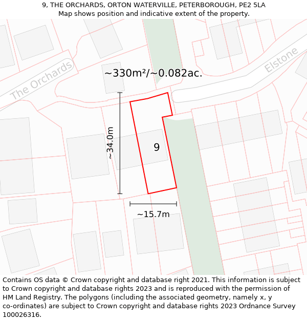 9, THE ORCHARDS, ORTON WATERVILLE, PETERBOROUGH, PE2 5LA: Plot and title map