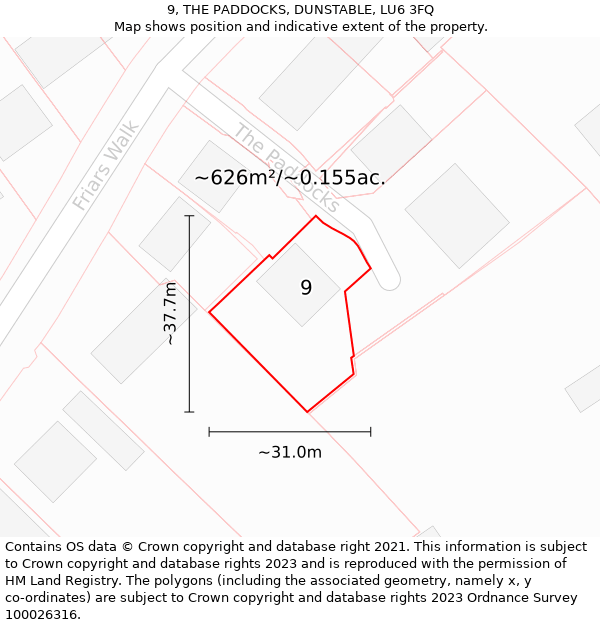 9, THE PADDOCKS, DUNSTABLE, LU6 3FQ: Plot and title map