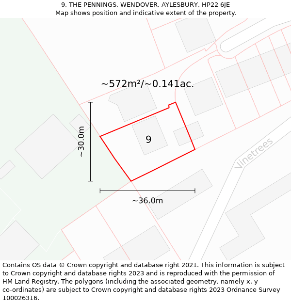 9, THE PENNINGS, WENDOVER, AYLESBURY, HP22 6JE: Plot and title map