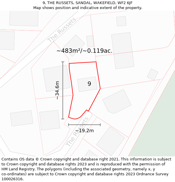 9, THE RUSSETS, SANDAL, WAKEFIELD, WF2 6JF: Plot and title map