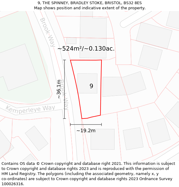 9, THE SPINNEY, BRADLEY STOKE, BRISTOL, BS32 8ES: Plot and title map