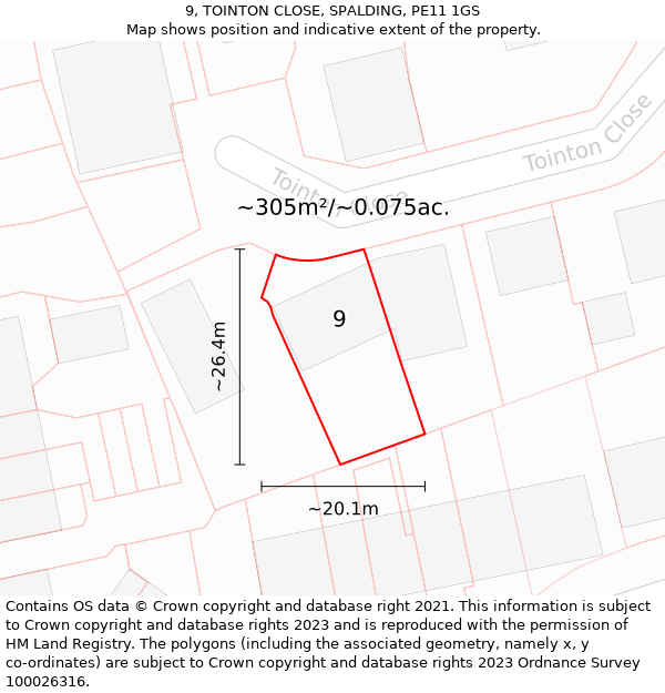 9, TOINTON CLOSE, SPALDING, PE11 1GS: Plot and title map