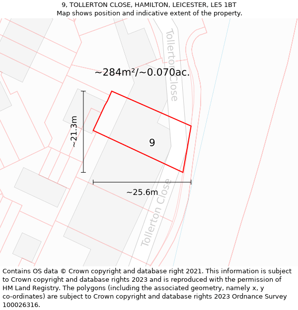 9, TOLLERTON CLOSE, HAMILTON, LEICESTER, LE5 1BT: Plot and title map