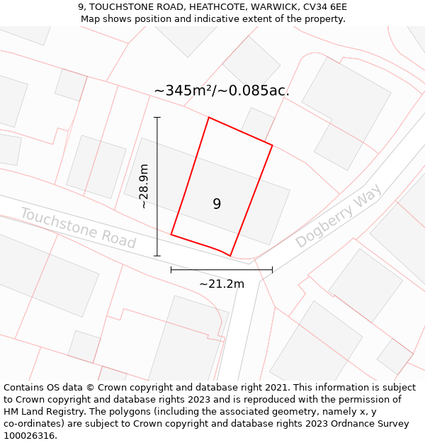 9, TOUCHSTONE ROAD, HEATHCOTE, WARWICK, CV34 6EE: Plot and title map